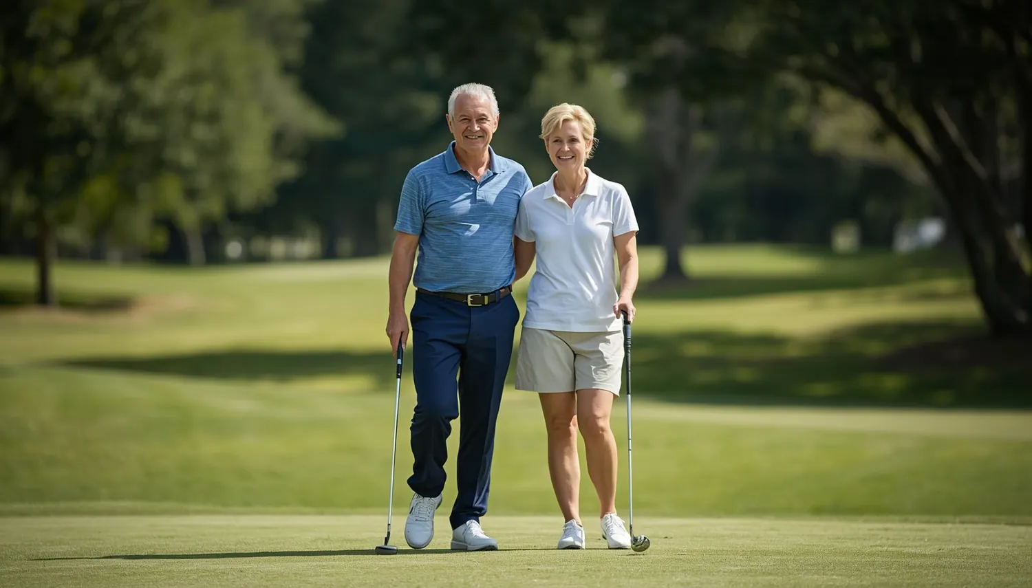 A couple enjoying a round of golf in retirement