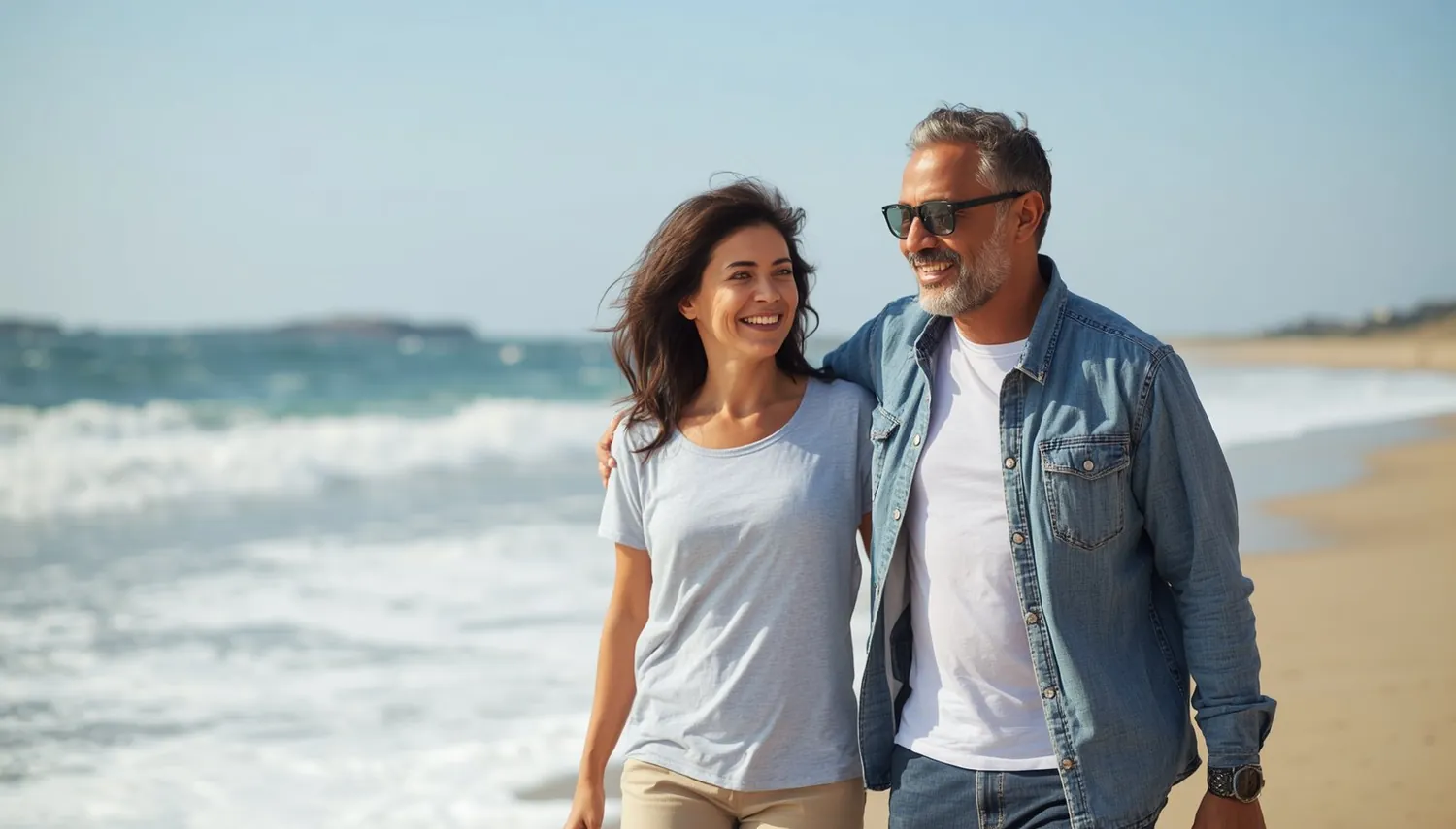 A couple walking together along the beach