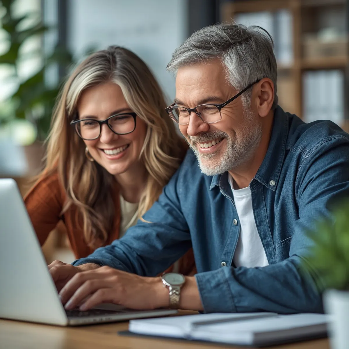 Two people reviewing information together on a laptop