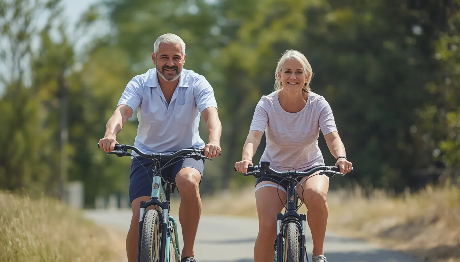 An active couple riding bikes on a country road