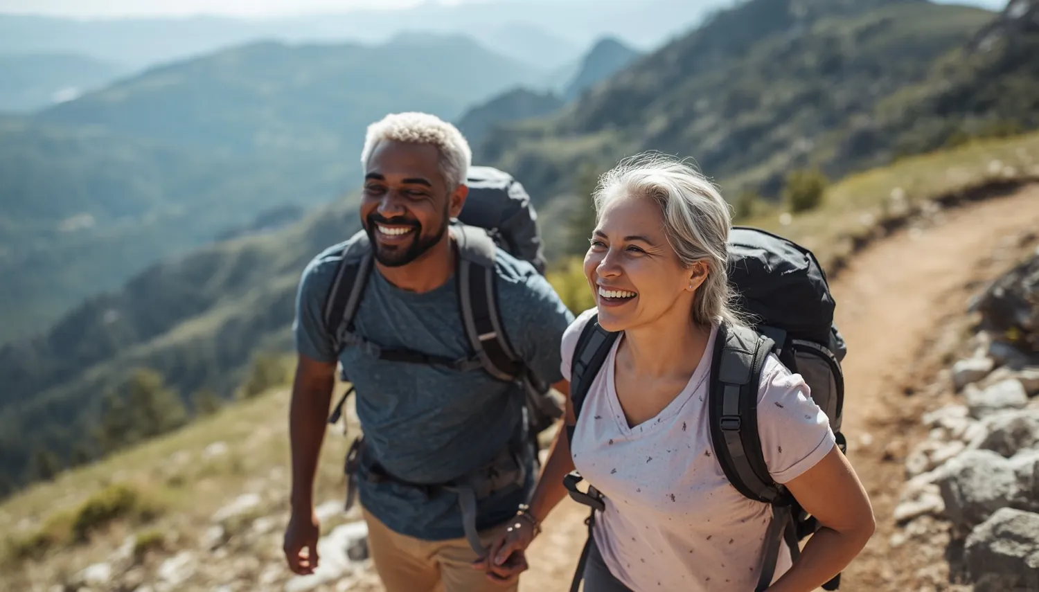 An active couple hiking a mountain trail