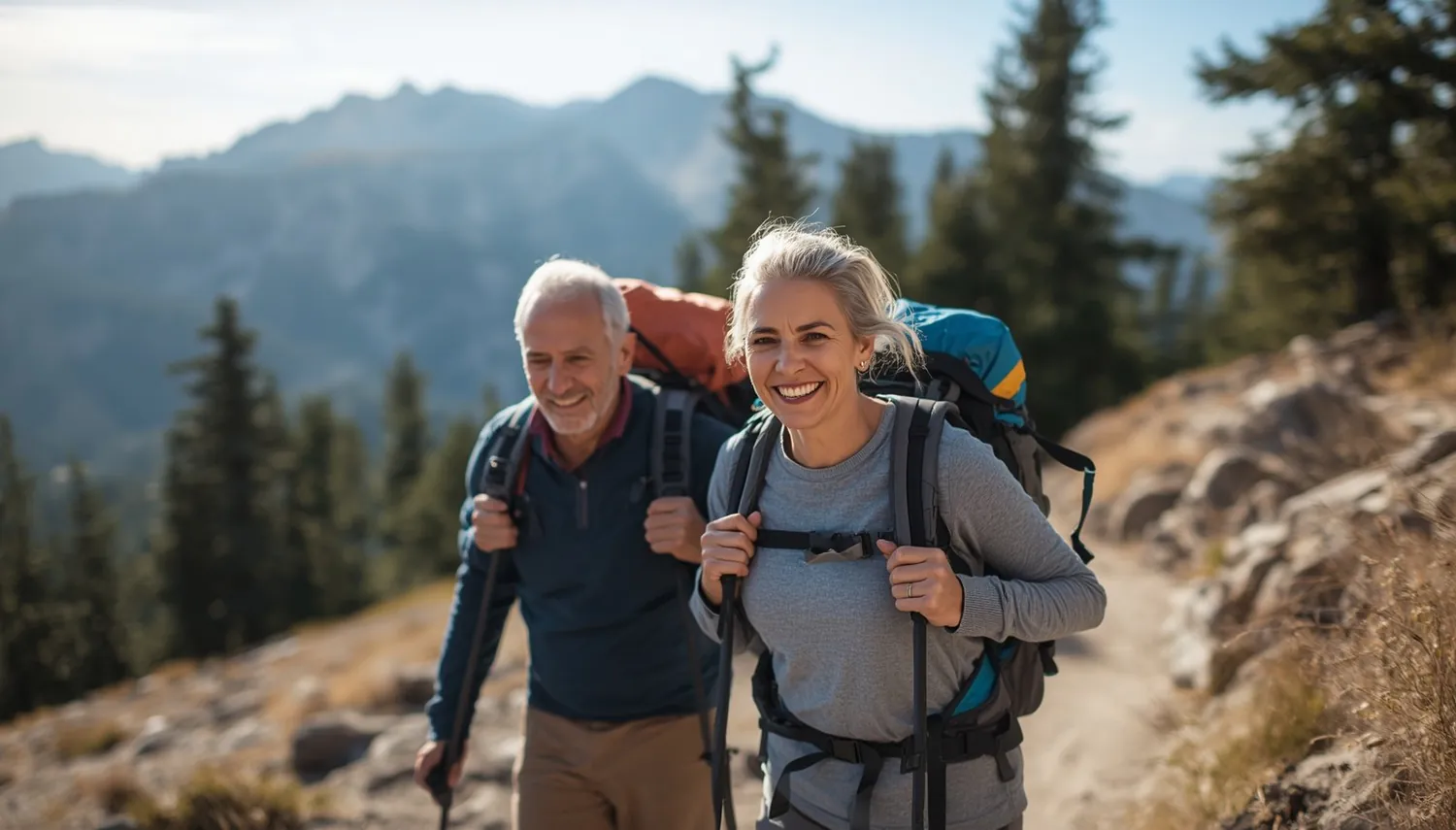 An active couple hiking a trail together
