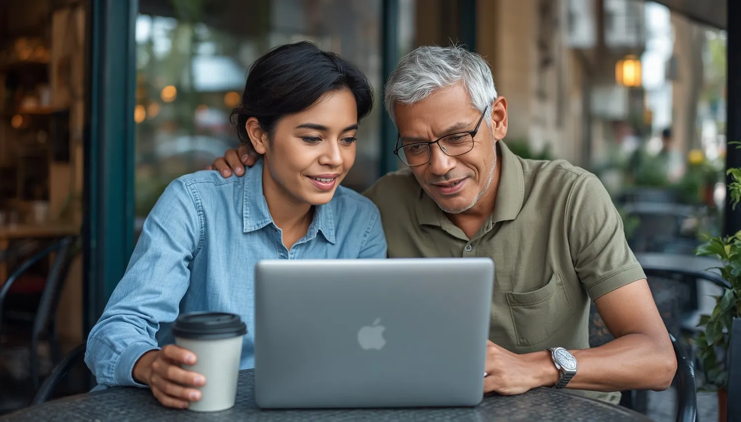 A couple reviewing information together over coffee