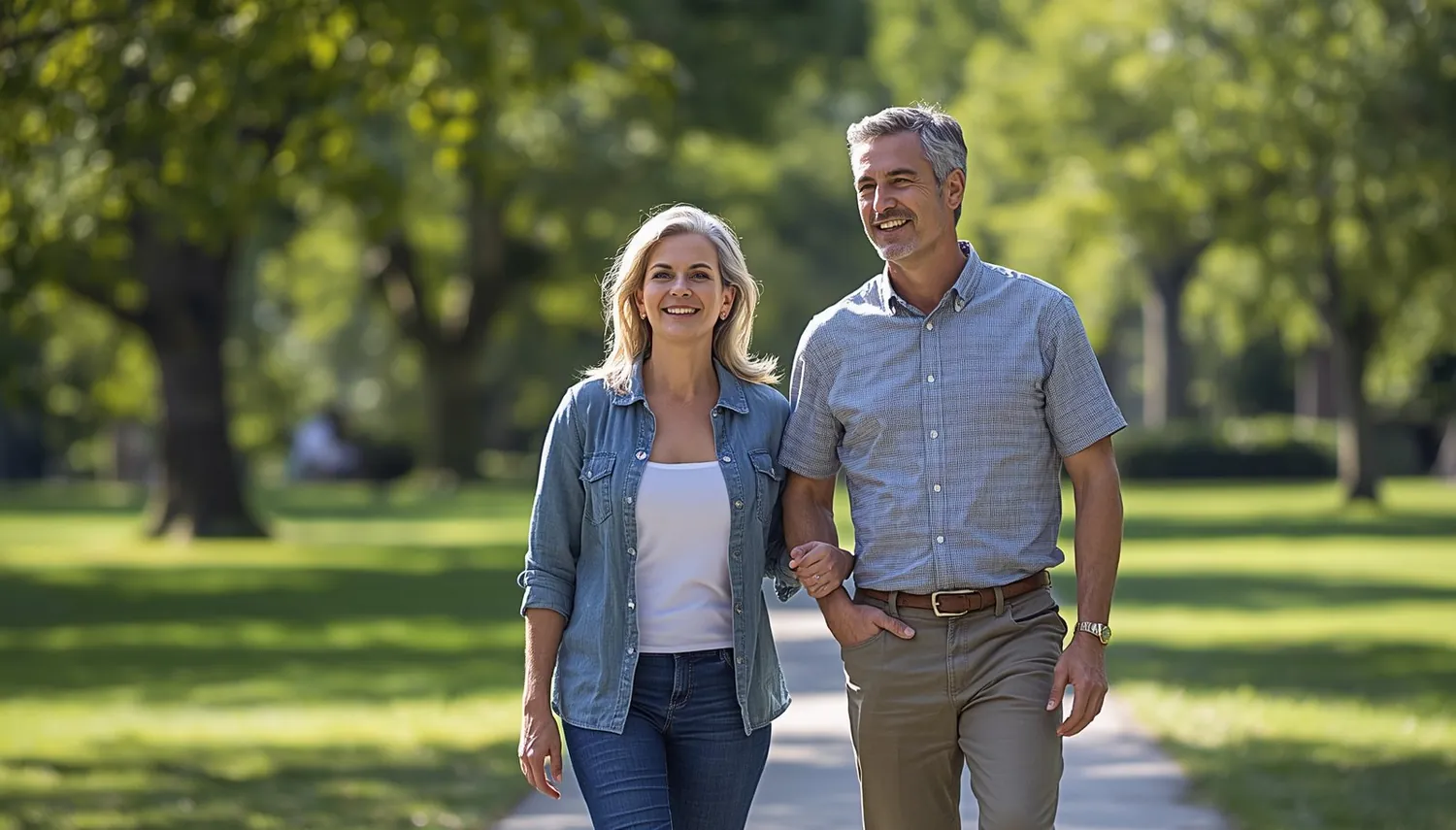 A couple in their fifties walking together outdoors, smiling